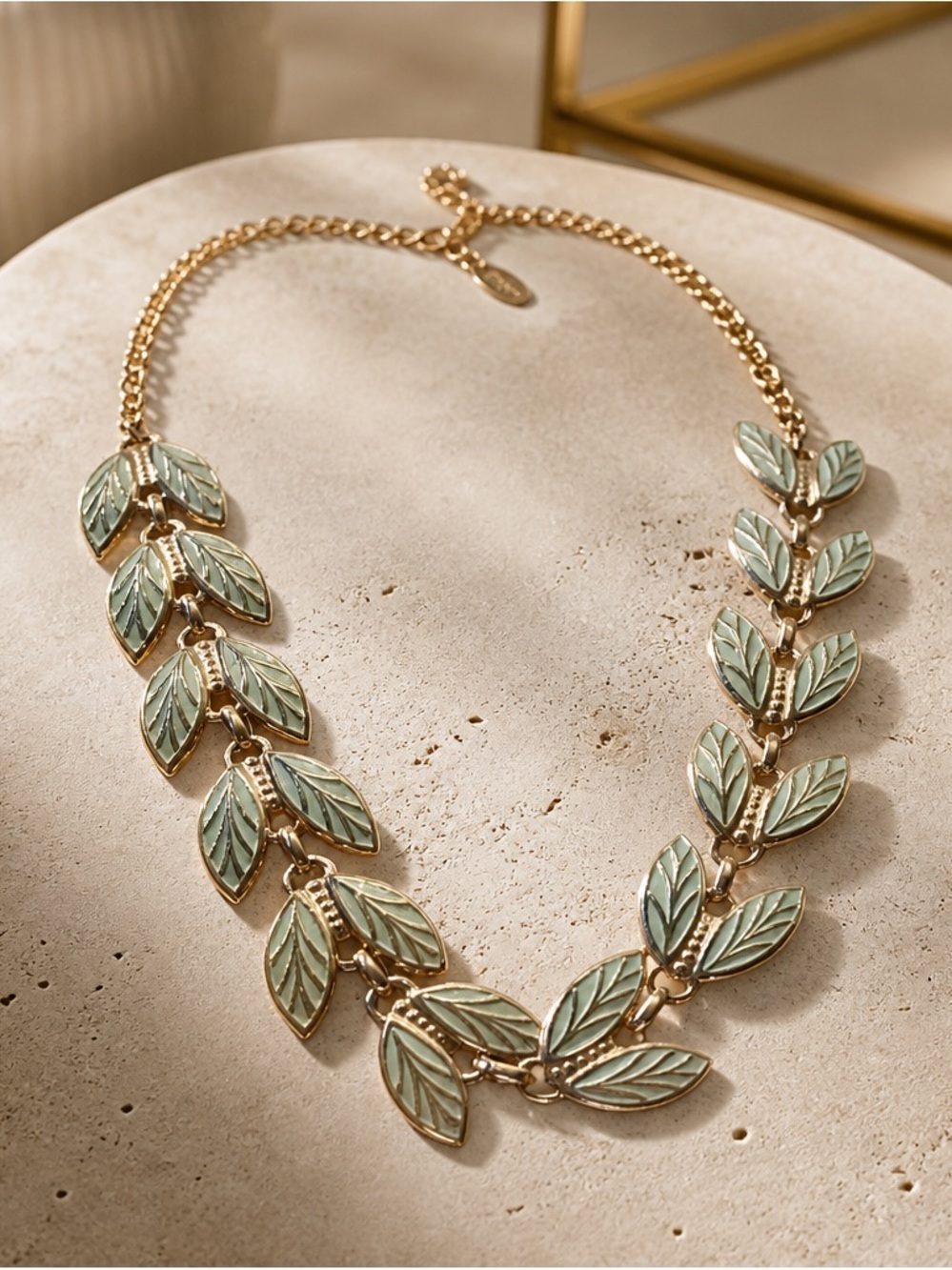 Vintage Leaf-Link Necklace with Mint Enamel Accents